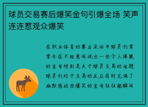球员交易赛后爆笑金句引爆全场 笑声连连惹观众爆笑