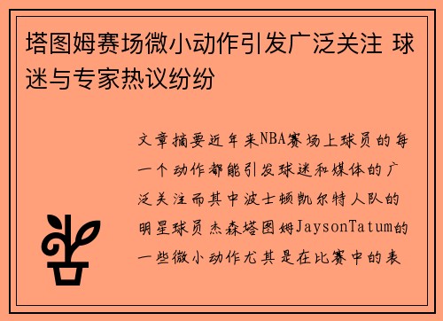 塔图姆赛场微小动作引发广泛关注 球迷与专家热议纷纷 塔图姆赛场微小动作引发广泛关注 球迷与专家热议纷纷