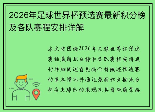 2026年足球世界杯预选赛最新积分榜及各队赛程安排详解 2026年足球世界杯预选赛最新积分榜及各队赛程安排详解