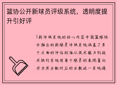 篮协公开新球员评级系统，透明度提升引好评
