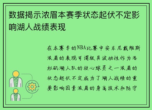 数据揭示浓眉本赛季状态起伏不定影响湖人战绩表现